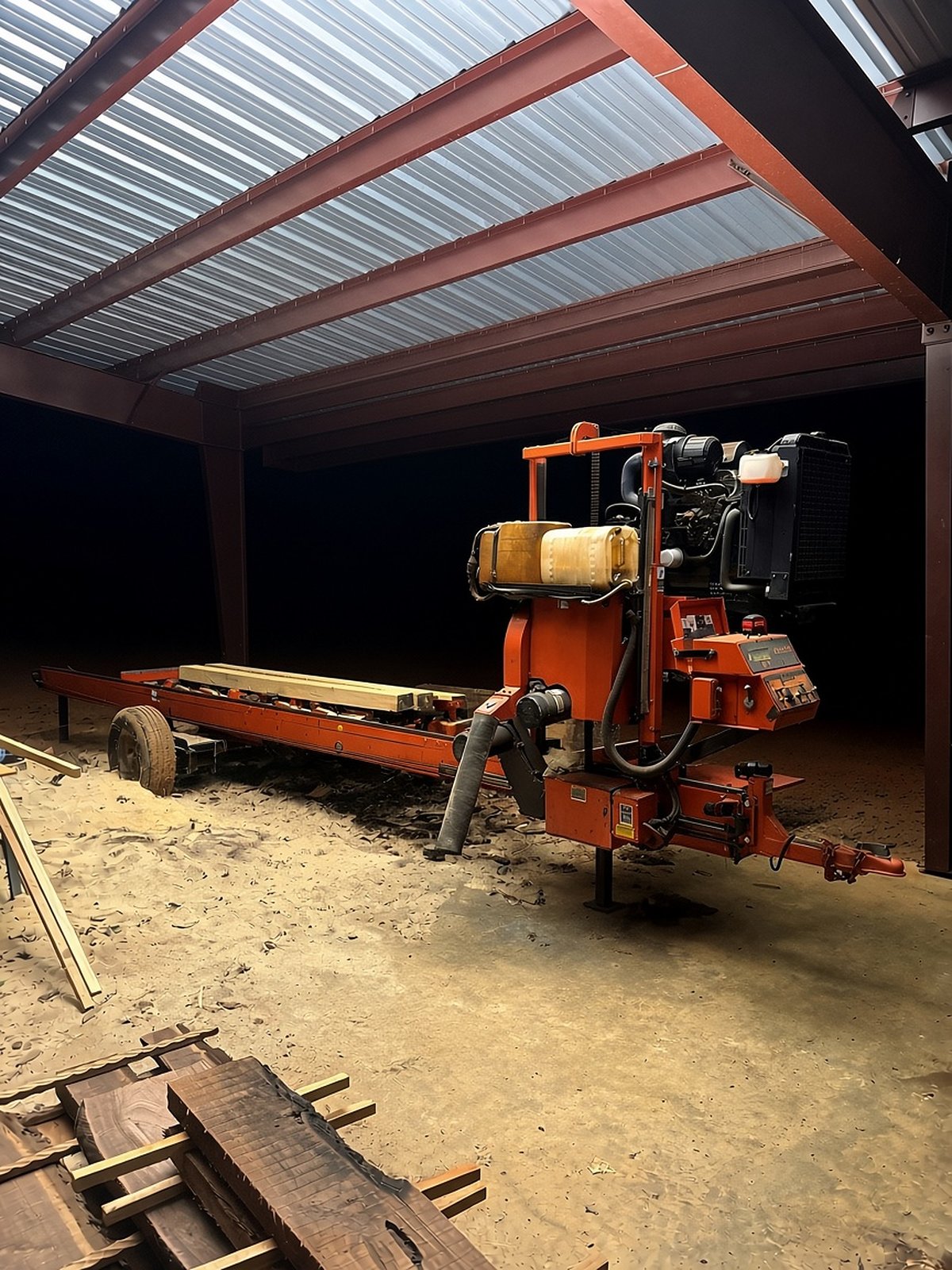 Our Wood-Mizer LT40 sawmill under the shed
